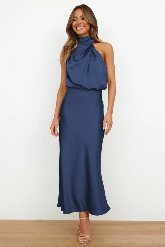 Valeria™ | Long Satin Dress With Halter Neckline